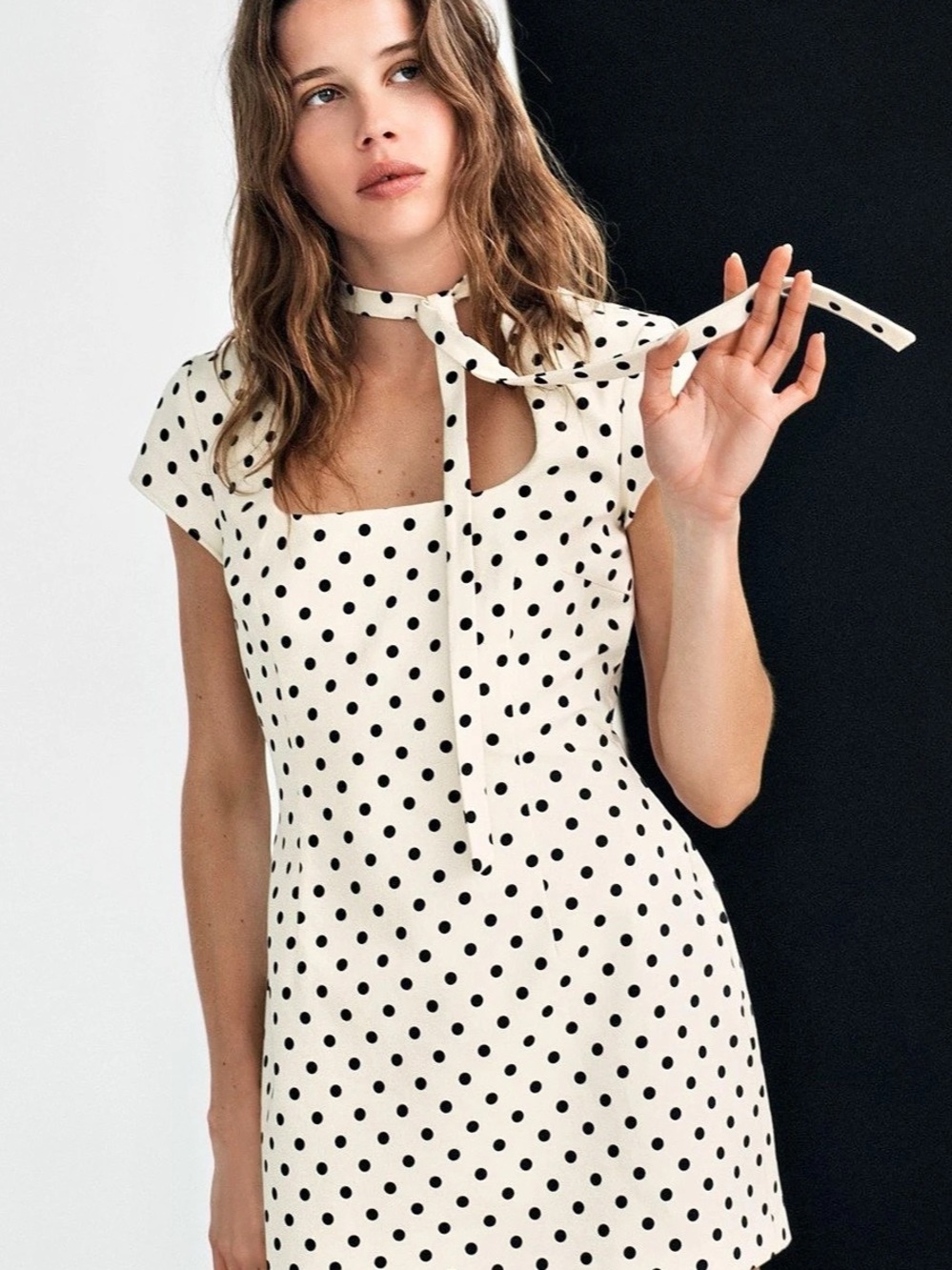 ZARA Polka Dot Short Dress with Tie Detail Cream & Black XS